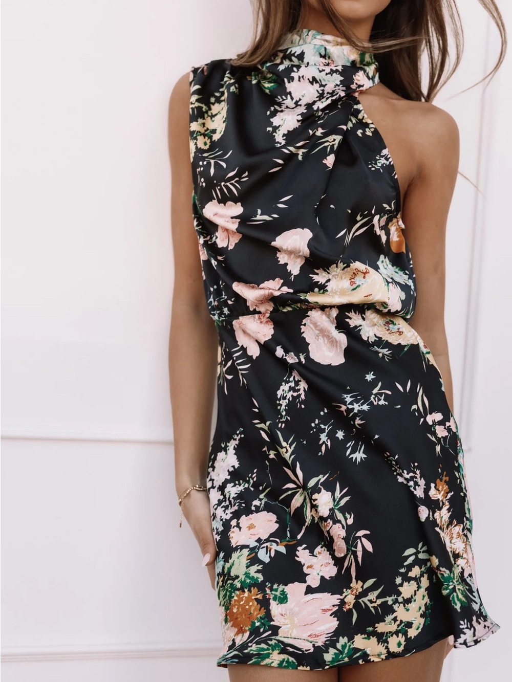 NWT Petal & Pup Women’s Anabelle Halter Neck Mini Dress Black Floral - Size L